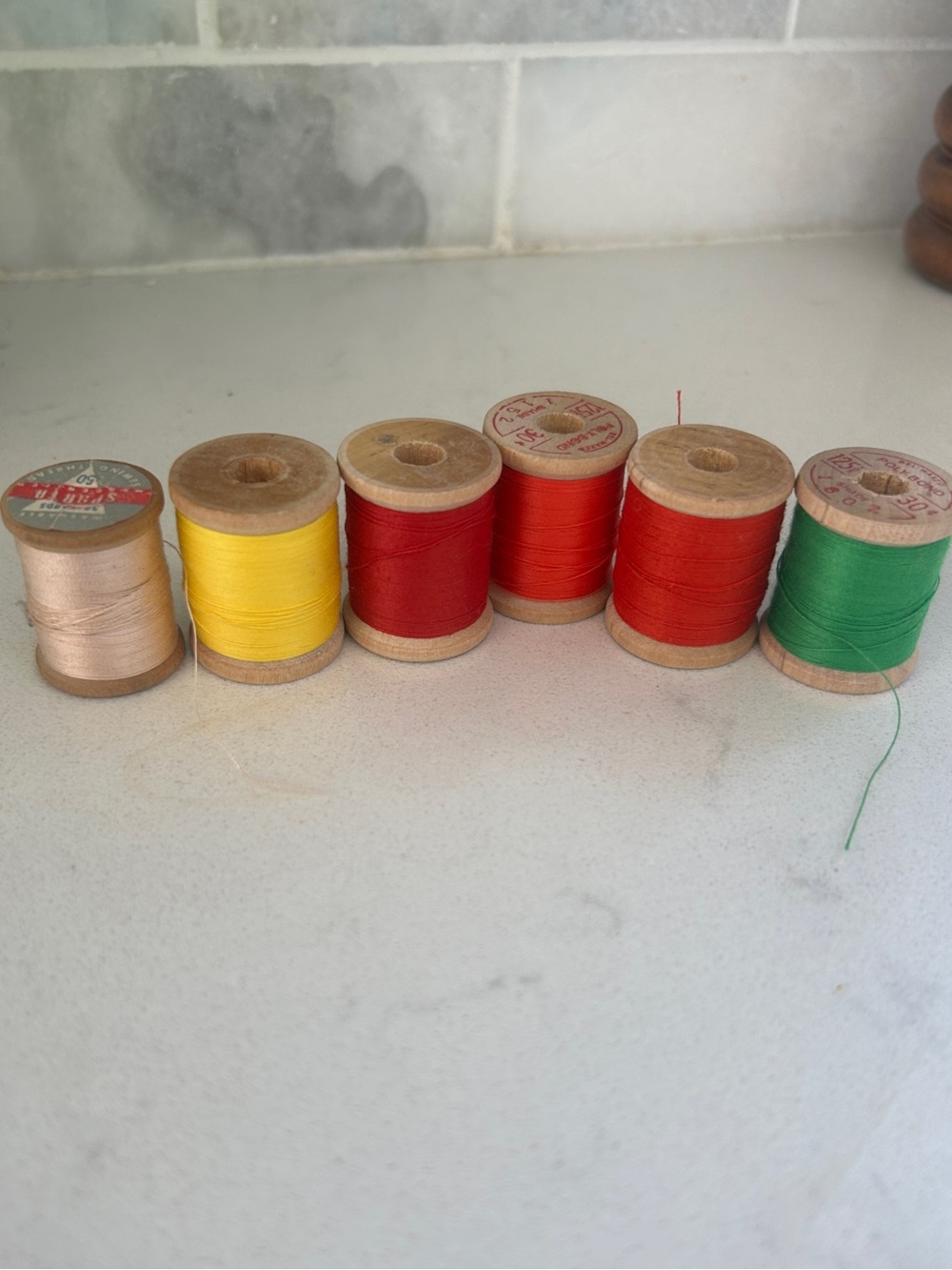 Vintage Wooden Spools of Vibrant Colored Thread - Yellow, Red, Green, Peach